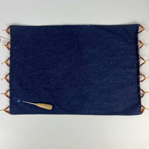 Pier 1 Placemats Set Of 9 Denim Beaded Fringe Country Boho Western Flaws - Picture 11 of 13